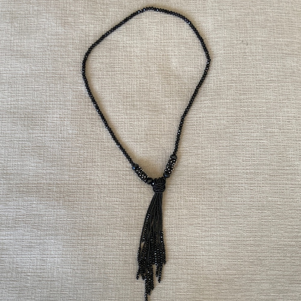 Black Beaded Long Tassel Festive Necklace with Silver-tone details